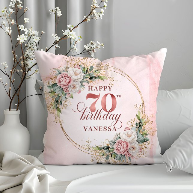 Almofada Travesseiro Eucalipto Boho Dourado Rosa Aniversári (Rose Gold Boho Eucalyptus Pillow 70th Birthday Pillow)