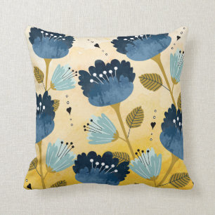 Almofada Travesseiro floral azul e amarelo do teste padrão