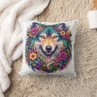 Almofada Travesseiro Floral Lobo – Decoração de Animal Boho