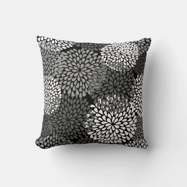Almofada Travesseiro Floral Preto e Branco - Crisântemo (Frente)