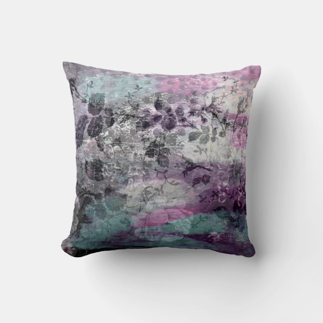 Almofada Travesseiro floral roxo de Monoprint do preto & do (Frente)