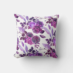 Almofada Travesseiro floral roxo. Flores violeta de aquarel