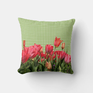 Almofada Travesseiro Gingham Verde e Tulipas Vermelhas