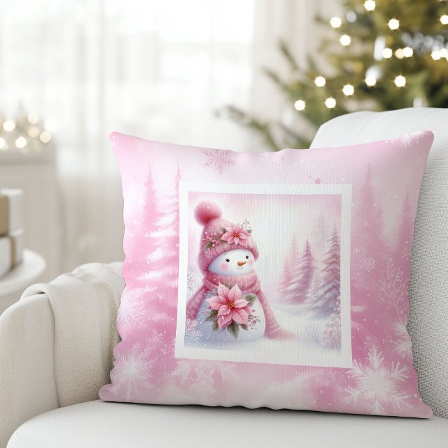 Almofada Travesseiro Infantil Fancy Pinkmas Boneco de Neve  (Fancy Pinkmas Snowman Pastel Winter Kids Pillow)