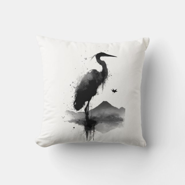 Almofada Travesseiro Japonês Sumi-e Crane Zen (Frente)