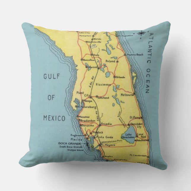 Almofada Travesseiro Mapa de Florida em Cartão Postal Retro (Frente)