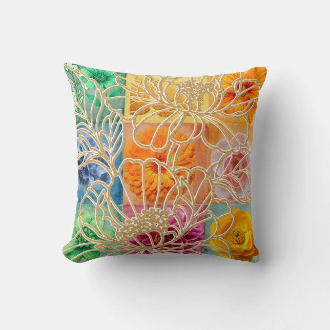Almofada Travesseiro Mosaico Floral Dourado (Frente)