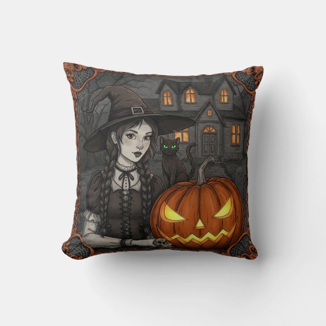 Almofada Travesseiro na Web de Pumpkin do Halloween de brux (Frente)