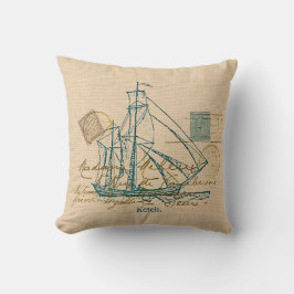Almofada Travesseiro Náutico do Vintage Teal Sailing Ship N