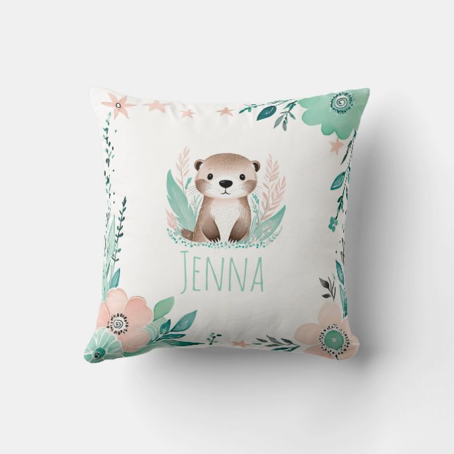 Almofada Travesseiro Otter Bebê Personalizado Verde Pastel (Verso)