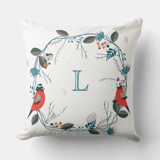 Almofada Travesseiro Personalizado Monograma Wreath E Bird (Frente)