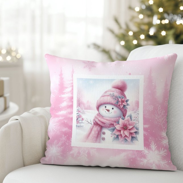 Almofada Travesseiro Presente Floresta Pinkmas Boneco de Ne (Cheerful Pink Snowman Pinkmas Forest Gift Pillow)