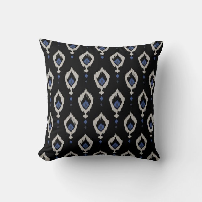 Almofada travesseiro preto de ikat cinza azul-chic (Frente)