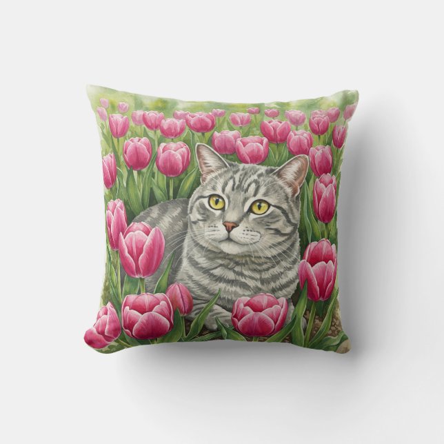 Almofada Travesseiro Primavera de Tulipas de Gato de Cinza (Frente)