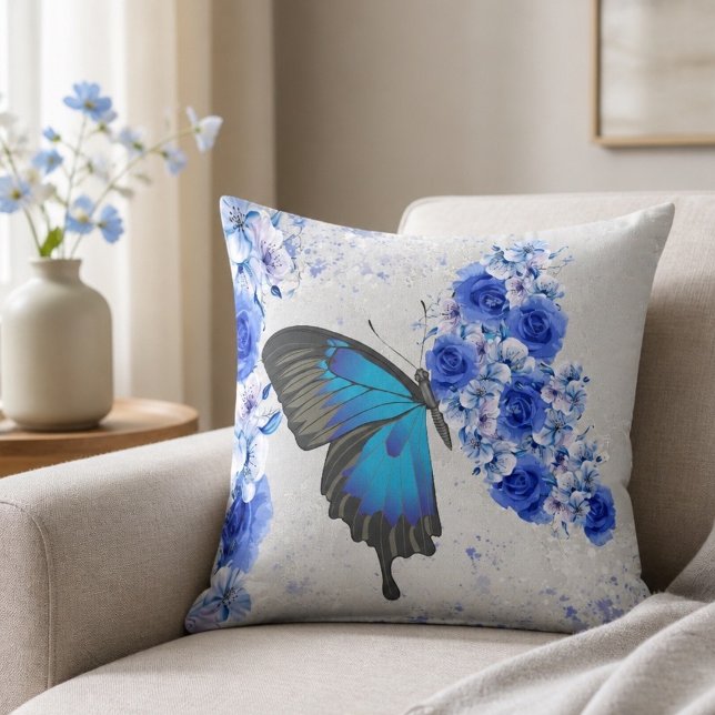 Almofada Travesseiro Quadrado Floral Borboleta Azul (Criador carregado)