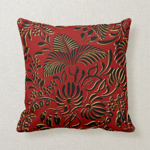Almofada Travesseiro Quadrado Floral Vermelho Preto Dourado