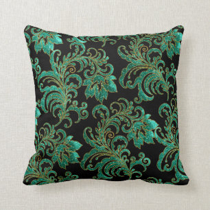 Almofada Travesseiro Quadrado Jade Verde Brocado Preto Dama
