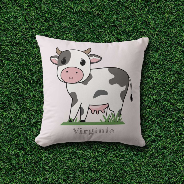 Almofada Travesseiro rosa com uma vaca branca (Pink Pillow with a Cute Cow)