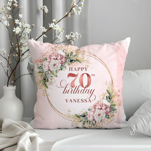 Almofada Travesseiro Rosa Dourado com Flores 70 Aniversário