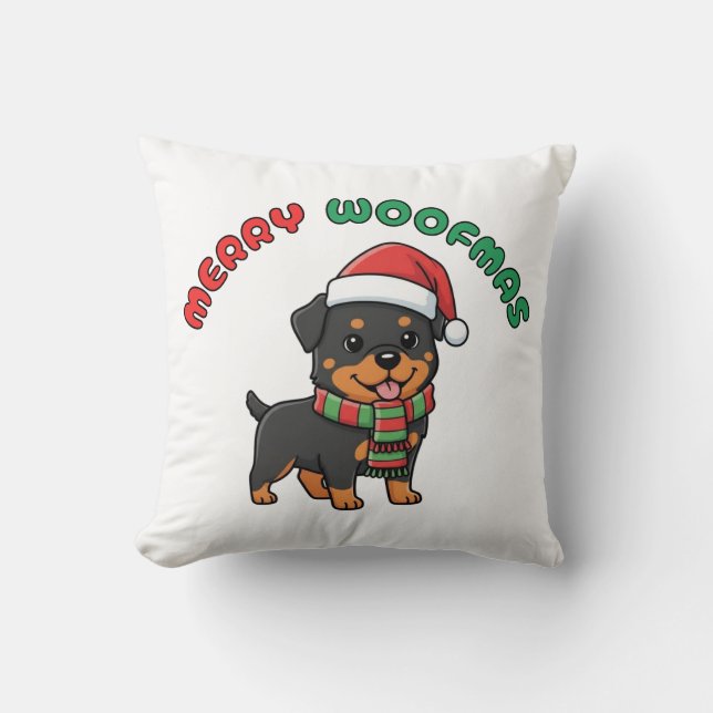 Almofada Travesseiro Rottweiler de Natal: Feliz Woofmas (Frente)