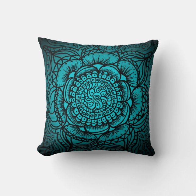 Almofada Travesseiro Teal e Black Mandala (Frente)