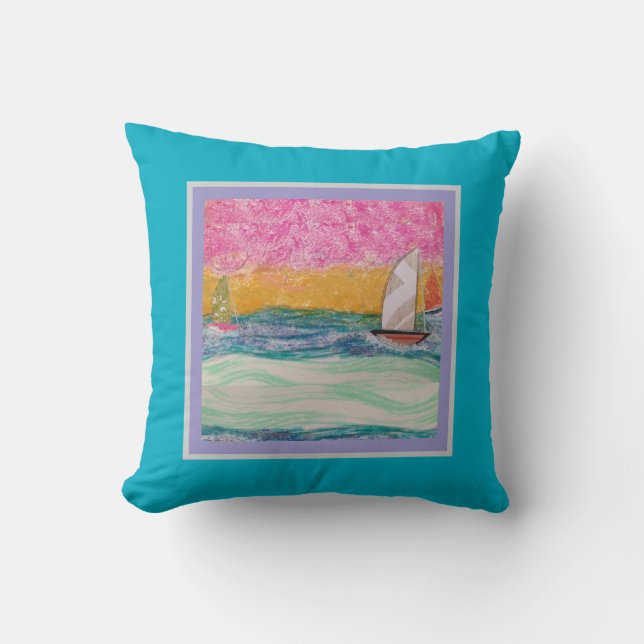 Almofada Travesseiro - Três Barcos à Vela Céu Rosa (Frente)