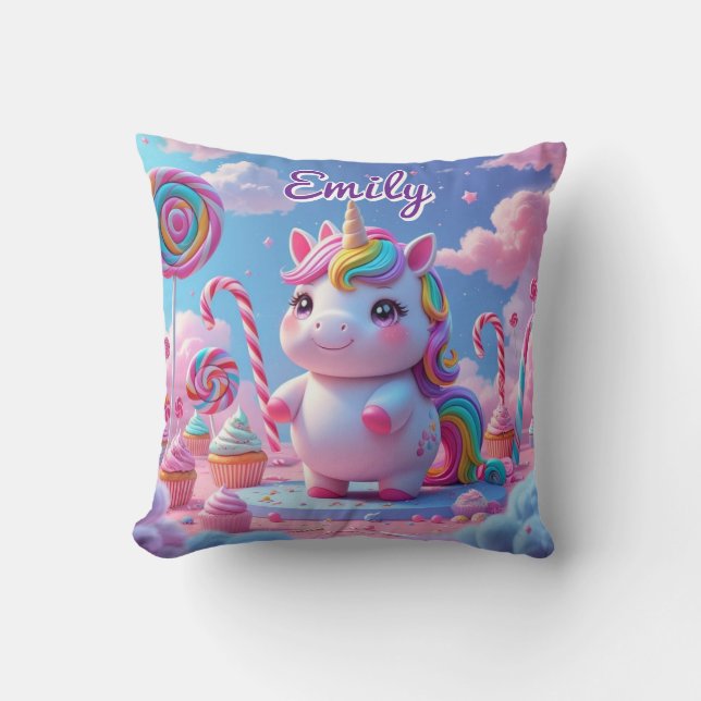 Almofada Travesseiro Unicorn de Candy Bonito - Nome Editáve (Frente)