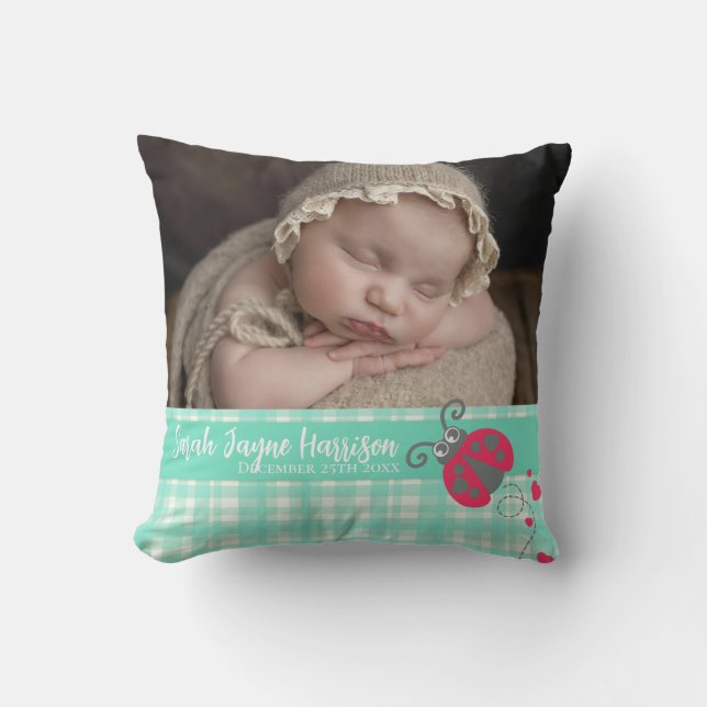 Almofada Travesseiro verde de nascimento de ladybug aqua (Frente)