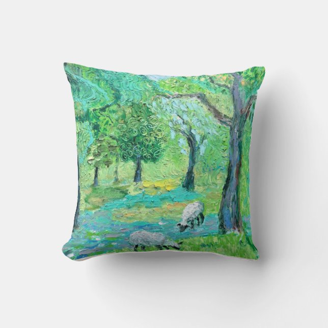 Almofada Travesseiro Verde Whimsical com Ovelha Grazing - (Frente)