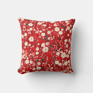 Almofada Travesseiro vermelho brilhante com flores brancas