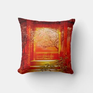 Almofada Travesseiros Asiático Dourado Vermelho Flor de Bam