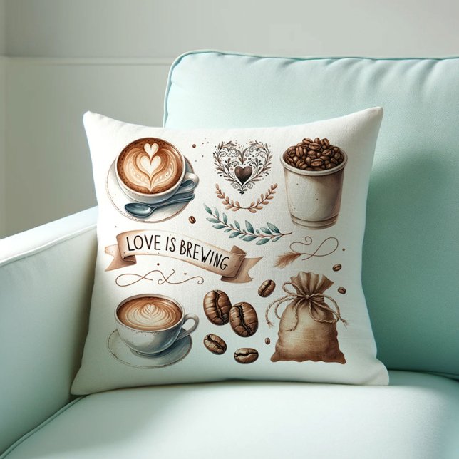 Almofada Travesseiros decorativos do Café House (Love is brewing coffee lover bridal shower decor or gift with illustrated coffee-house art)