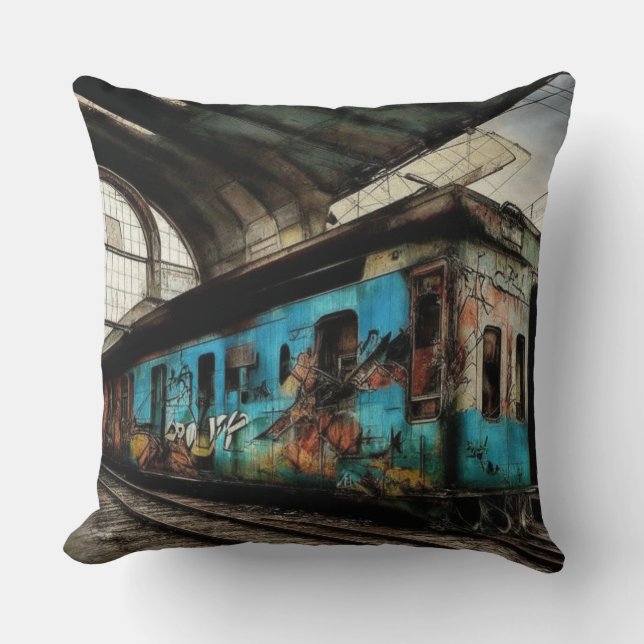 Almofada Trem Abandonado com Arte Urbana de Grafite (Frente)