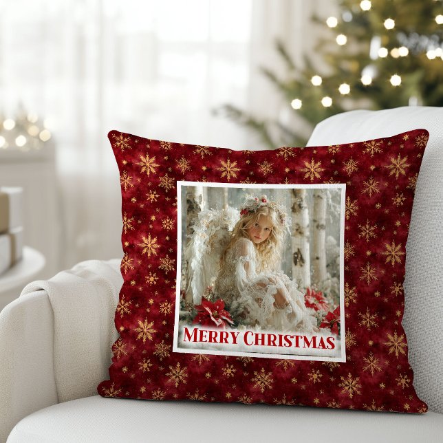 Almofada Trendy Angel Poinsettia Red Gold Personalized Xmas (Trendy Angel Poinsettia Red Gold Personalized Christmas Pillow

)
