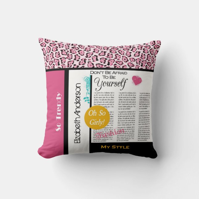 Almofada Trendy Fashion Newsprint Rosa Leopardo e Nome (Frente)