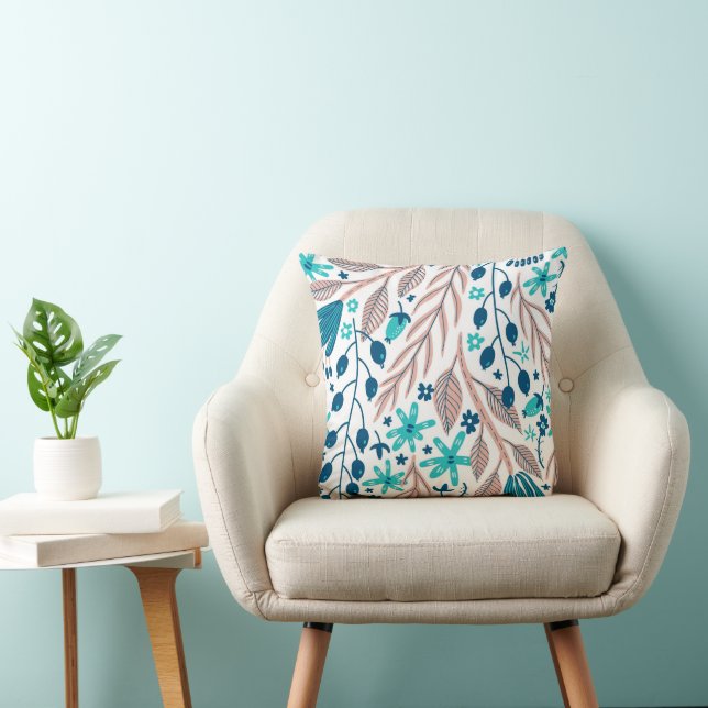 Almofada Trendy Teal Blue Blush Monograma Floral Branco (Cadeira)