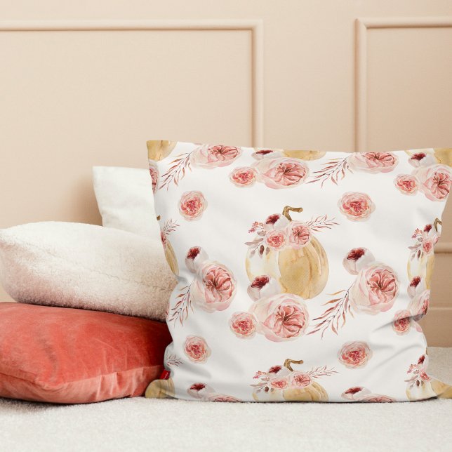 Almofada Trendy Watercolor Pumpkin & Flowers | outono (Criador carregado)
