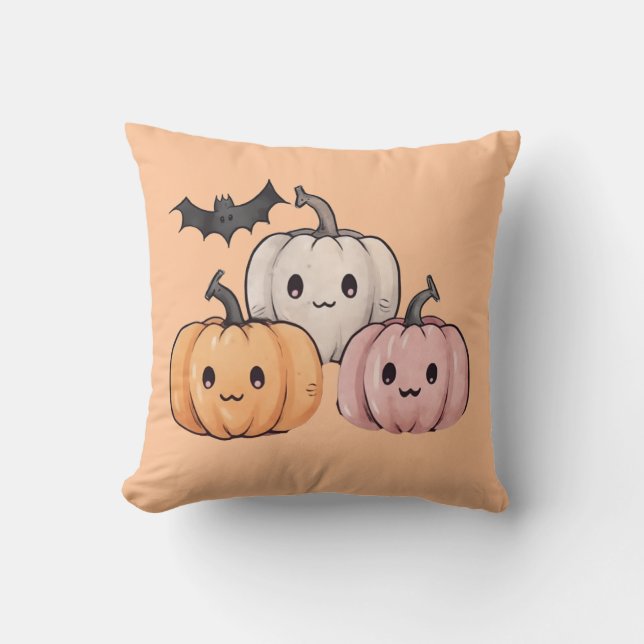 Almofada Três Abóboras Fofas Laranja Claro Halloween (Frente)
