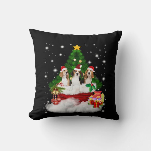 Almofada Três Beagles Papai Noel com Árvore de Natal (Frente)