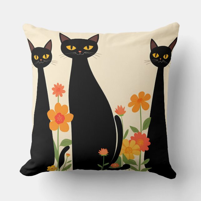 Almofada Três Gatos Pretos Entre Flores Brilhantes (Frente)