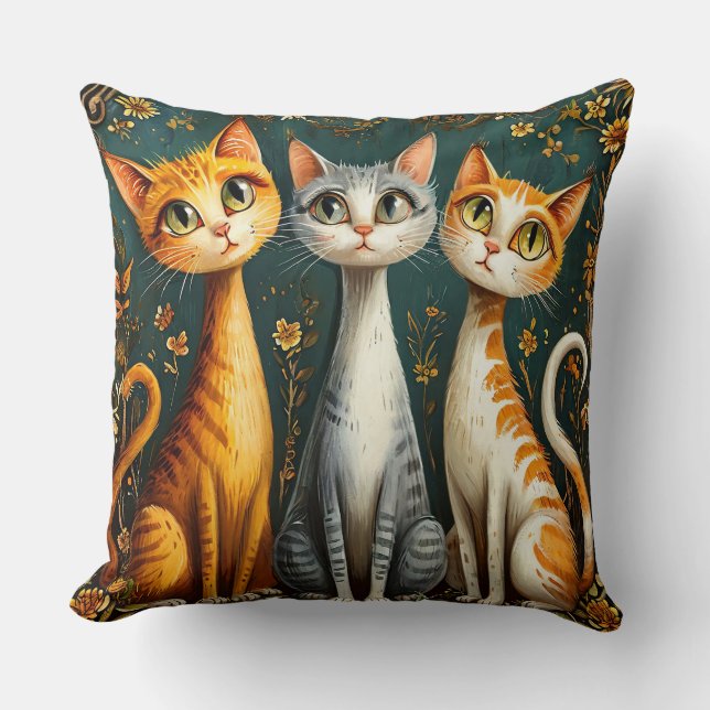 Almofada Três Ilustrações de Gatos Caprichosos (Frente)