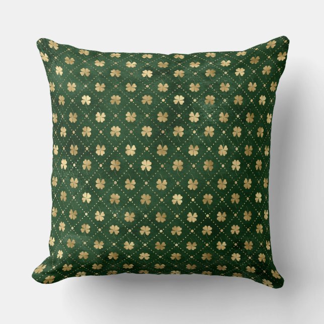 Almofada Trevo Irlandês Verde e Dourado Elegante (Frente)