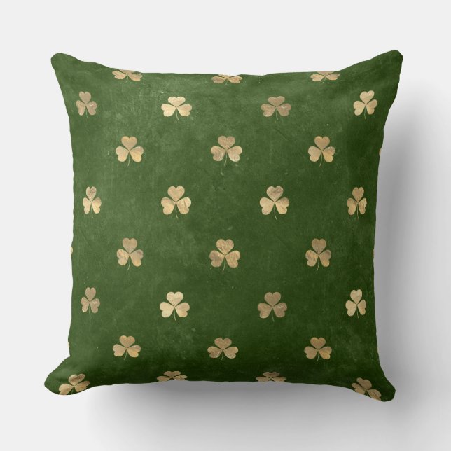Almofada Trevo Irlandês Verde e Dourado Elegante (Frente)
