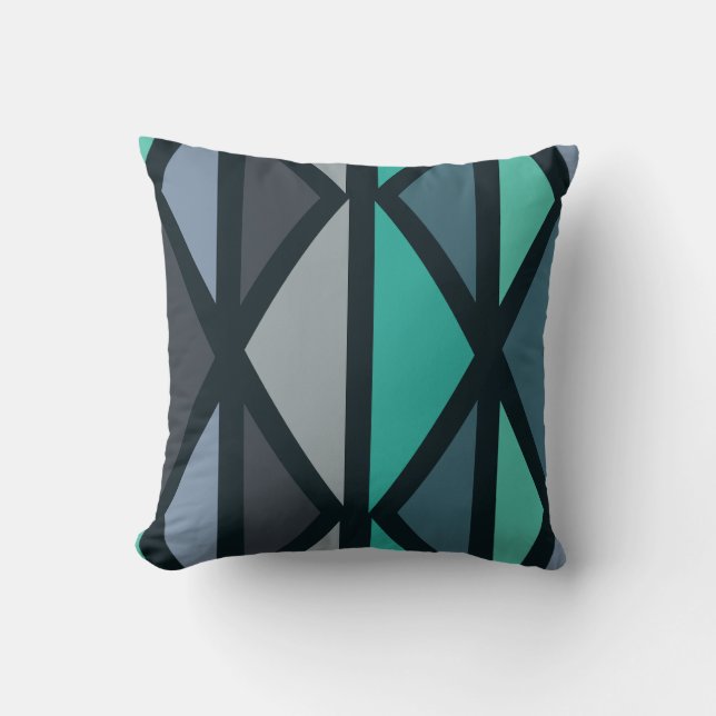 Almofada Triângulos de Arte Geométrica Retro Teal Preto (Frente)