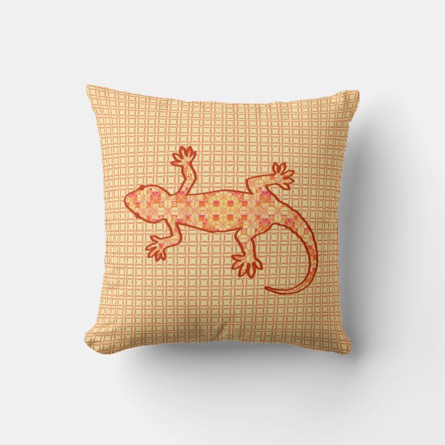 Almofada Tribal batik Gecko - coral e laranja claro (Frente)