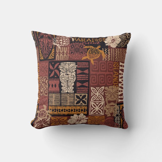 Almofada Tribal Havaiano: Patchwork de Tecido Vintage (Frente)