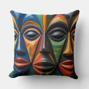 Almofada Trio de Máscaras Tribais Africanas Simetria Dinâmi