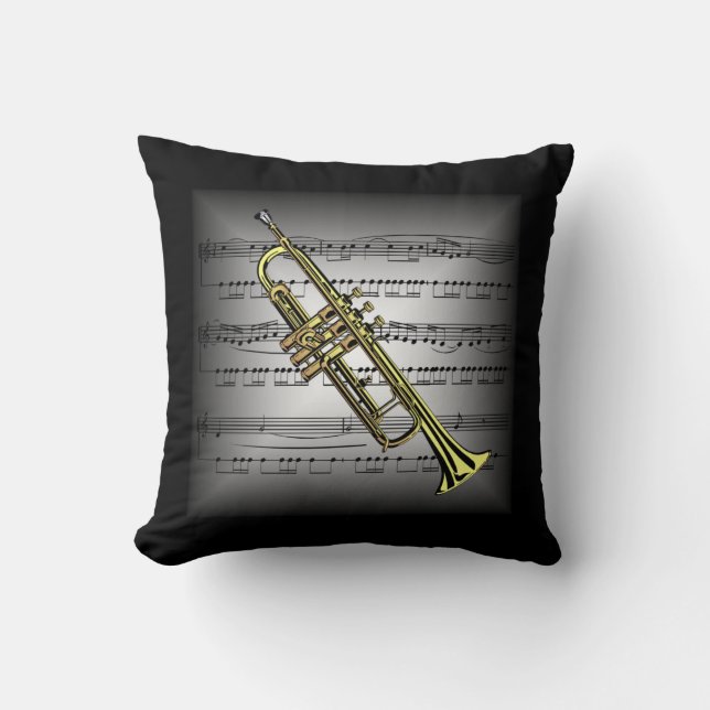 Almofada Trompete ~ 3 D Sheet Music ~ Travesseiro Cinza/Bla (Frente)