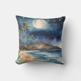Almofada Tropical Beach Night Sky Moon Stars Watercolor
