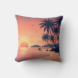Almofada Tropical Beach Sunset with Palm Trees Throw Pillow